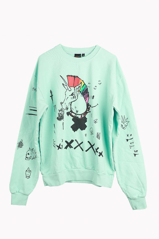 Front unicorn crewneck pullover in mint front view