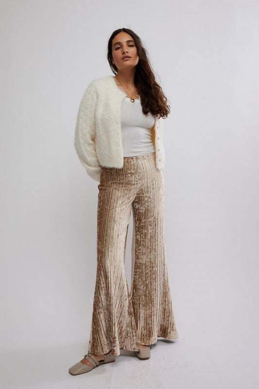 Star sign velvet pant in champagne front view