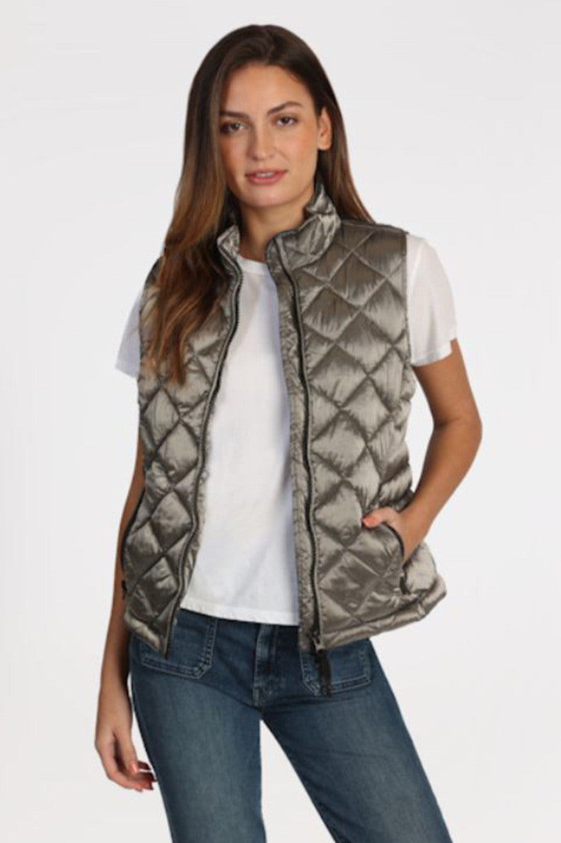 Fitted zipper vest in silver grey front view