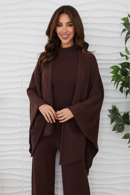 Knit dolman open cardigan in chocolate brown front view