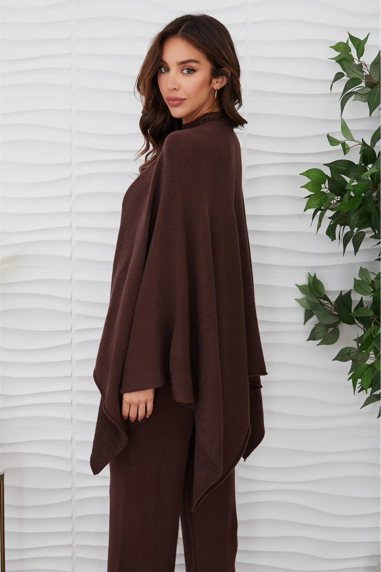 Knit dolman open cardigan in chocolate brown back view