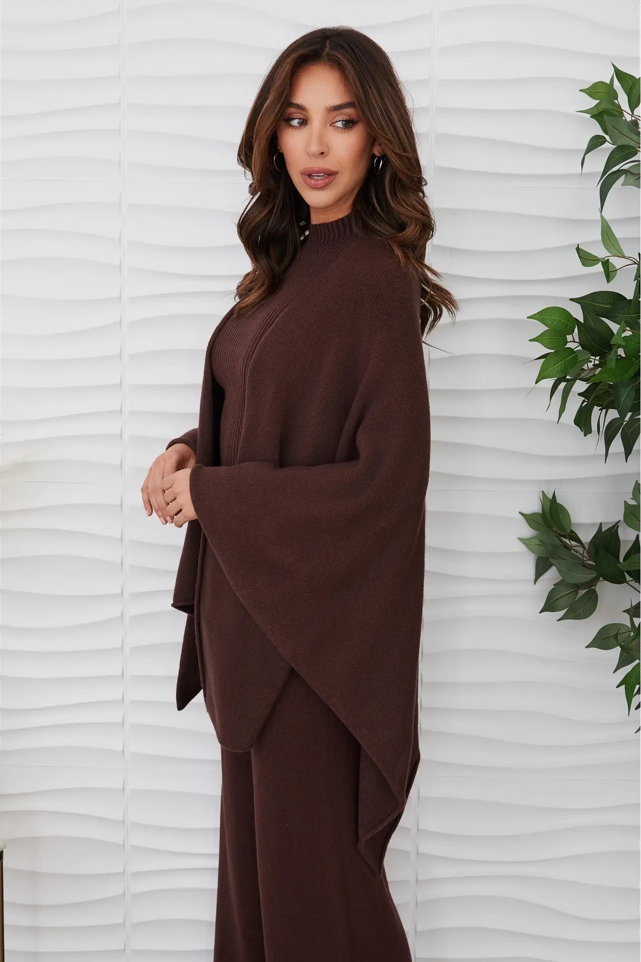 Knit dolman open cardigan in chocolate brown side view