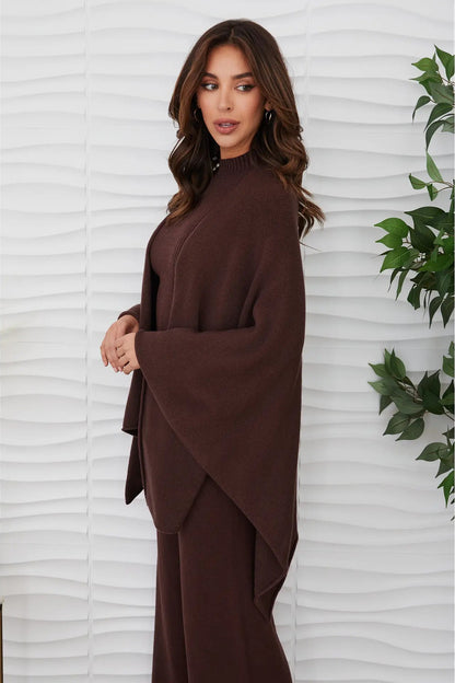 Knit dolman open cardigan in chocolate brown side view