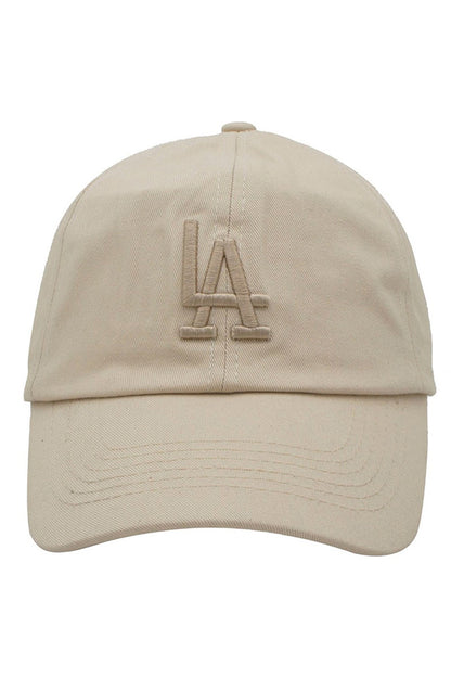 Light beige baseball cap with raised LA logo embroidery