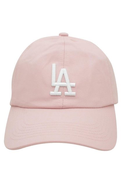 Blush pink baseball cap with raised LA logo embroidery