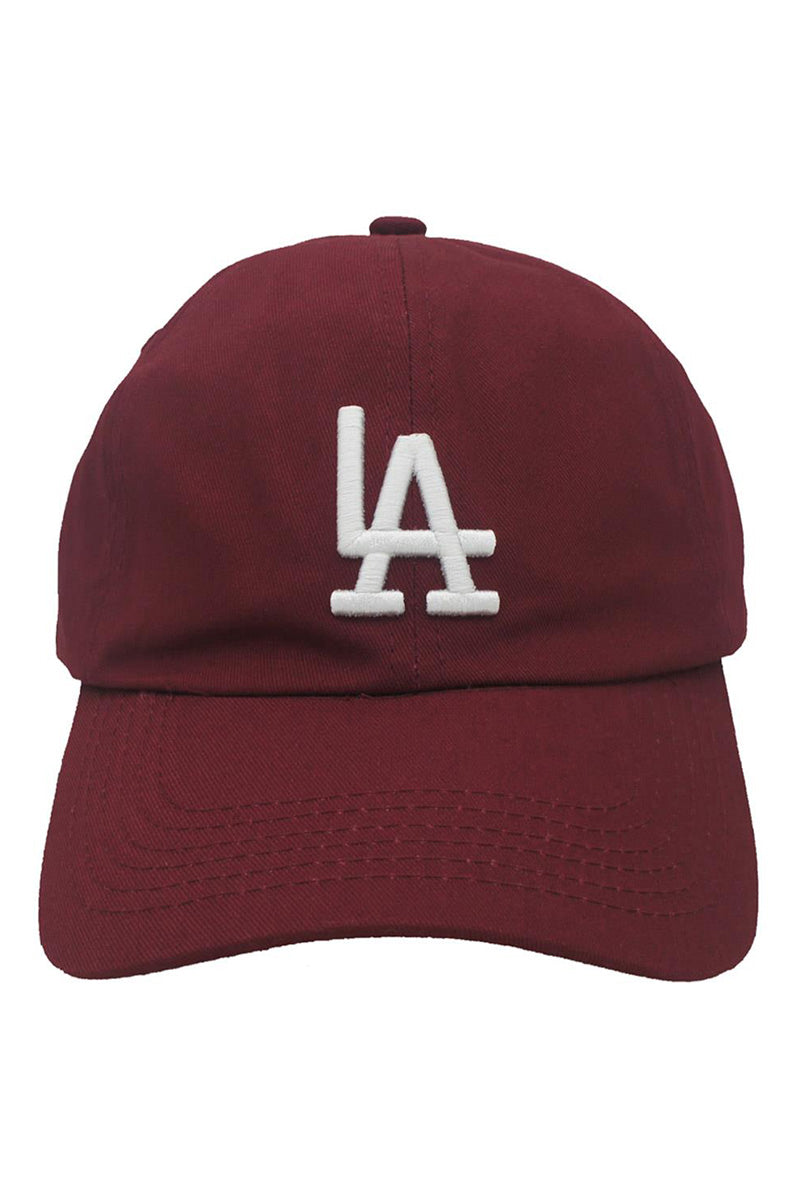 Maroon baseball cap with raised LA logo embroidery