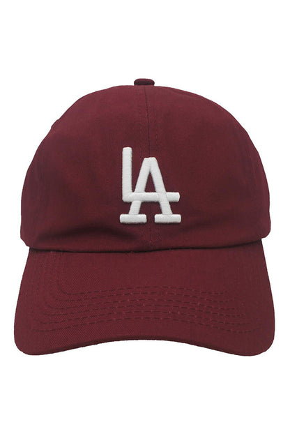 Maroon baseball cap with raised LA logo embroidery