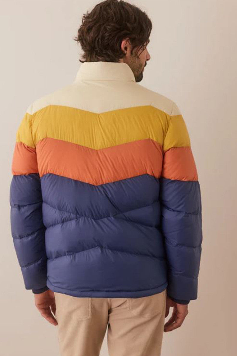 Colorblock puffer jacket in blue orange back view