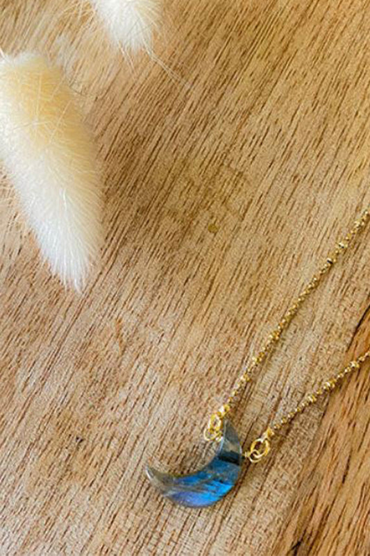 Amaris Crescent moon necklace in gold laboradite