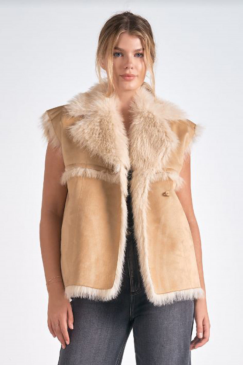 Milan faux fur long vest in tan