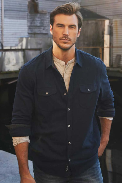 HERO TWILL KNIT FLANNEL SHIRT IN NAVY FRONT VIEW