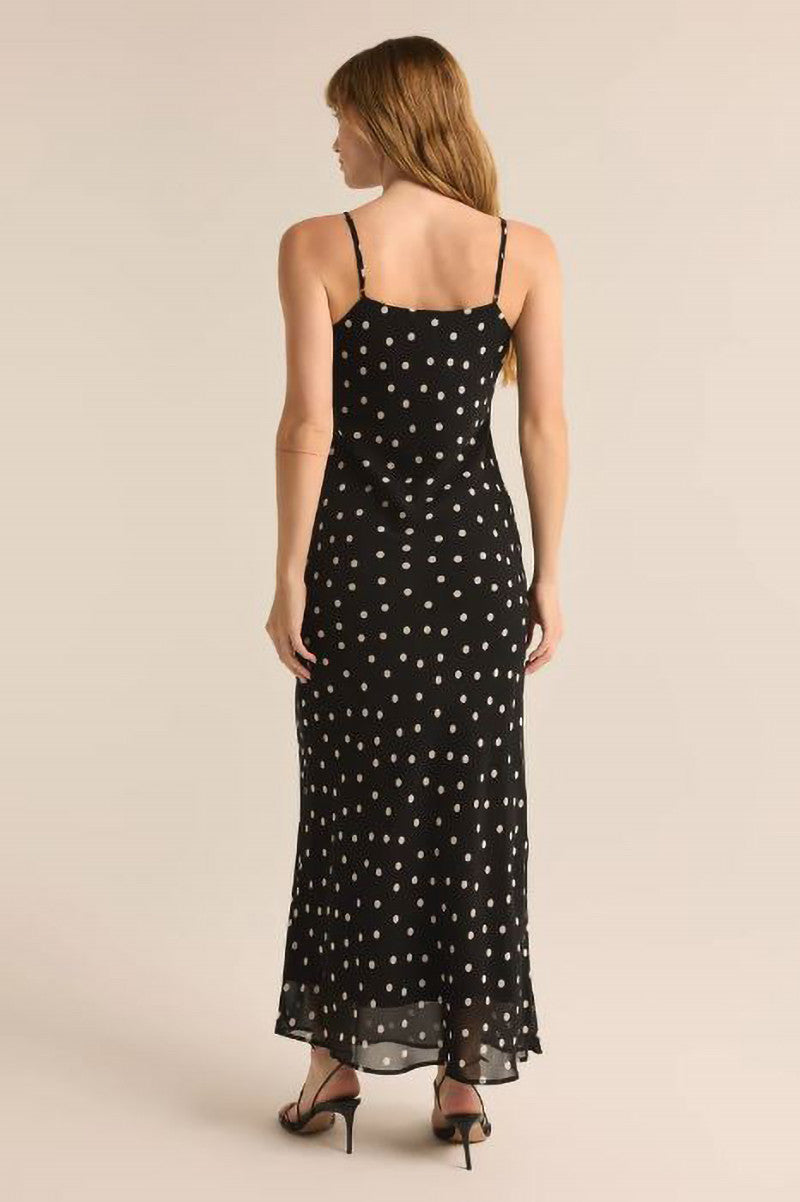 Cecily polka dot slip dress in black back view