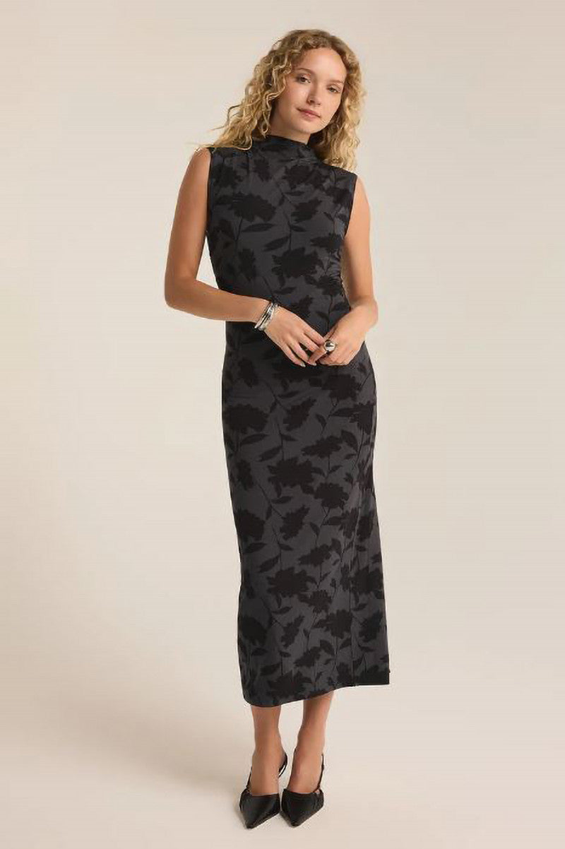 Tatum shadow floral midi dress in black front view