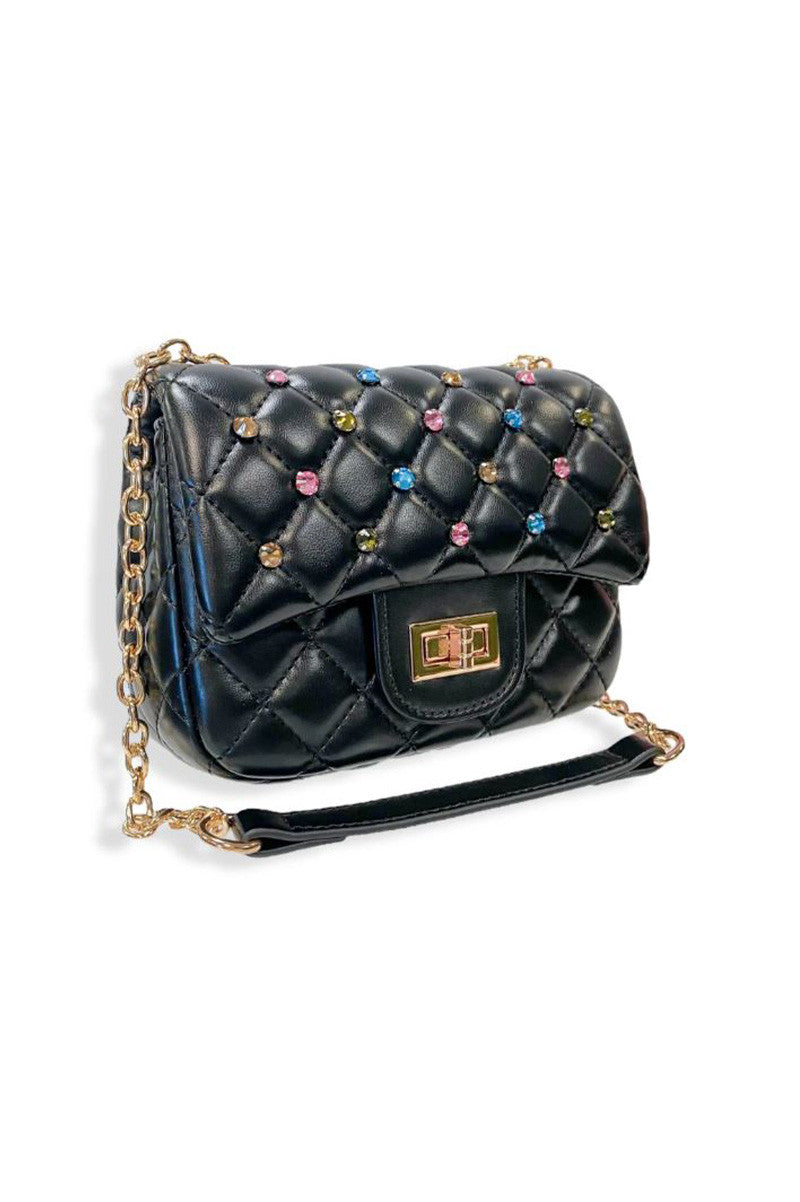 COLORFUL GEMS QUILTED PURSE in black front view