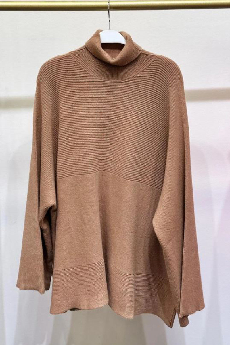 Wide sleeve turtleneck sweater in camel front view