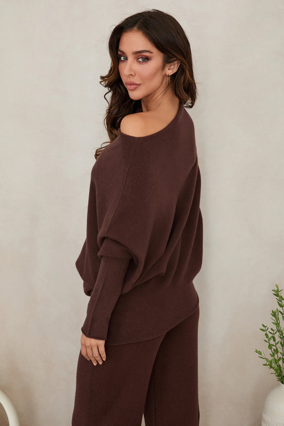 ASYMMETRICAL SWEATER IN CHOCOLATE BROWN BACK VIEW