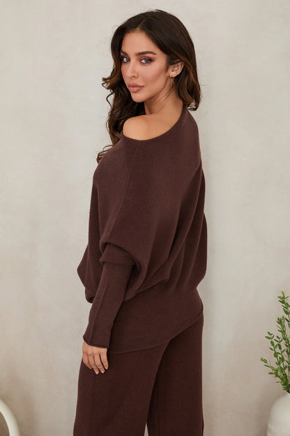 ASYMMETRICAL SWEATER IN CHOCOLATE BROWN BACK VIEW