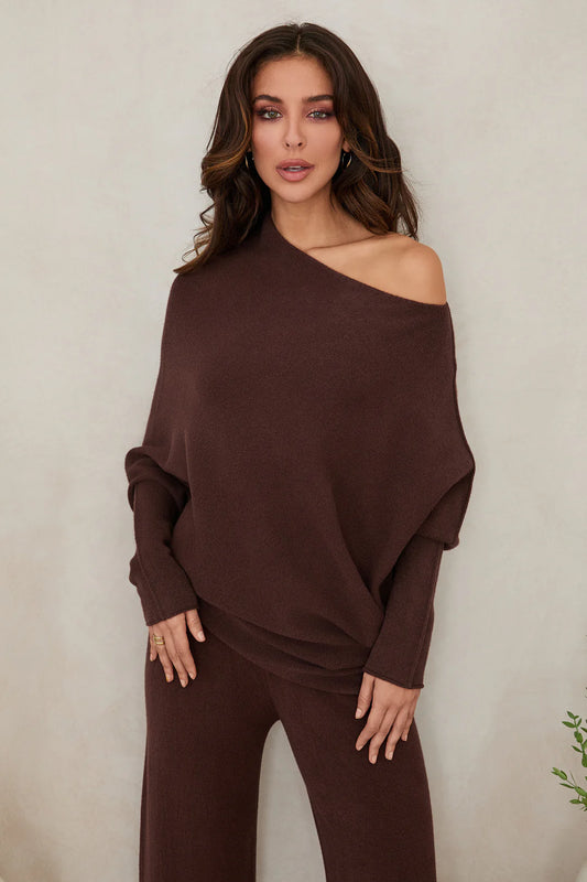 ASYMMETRICAL SWEATER IN CHOCOLATE BROWN FRONT VIEW