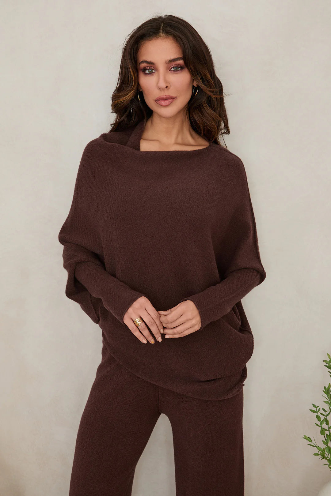 ASYMMETRICAL SWEATER IN CHOCOLATE BROWN BACK VIEW