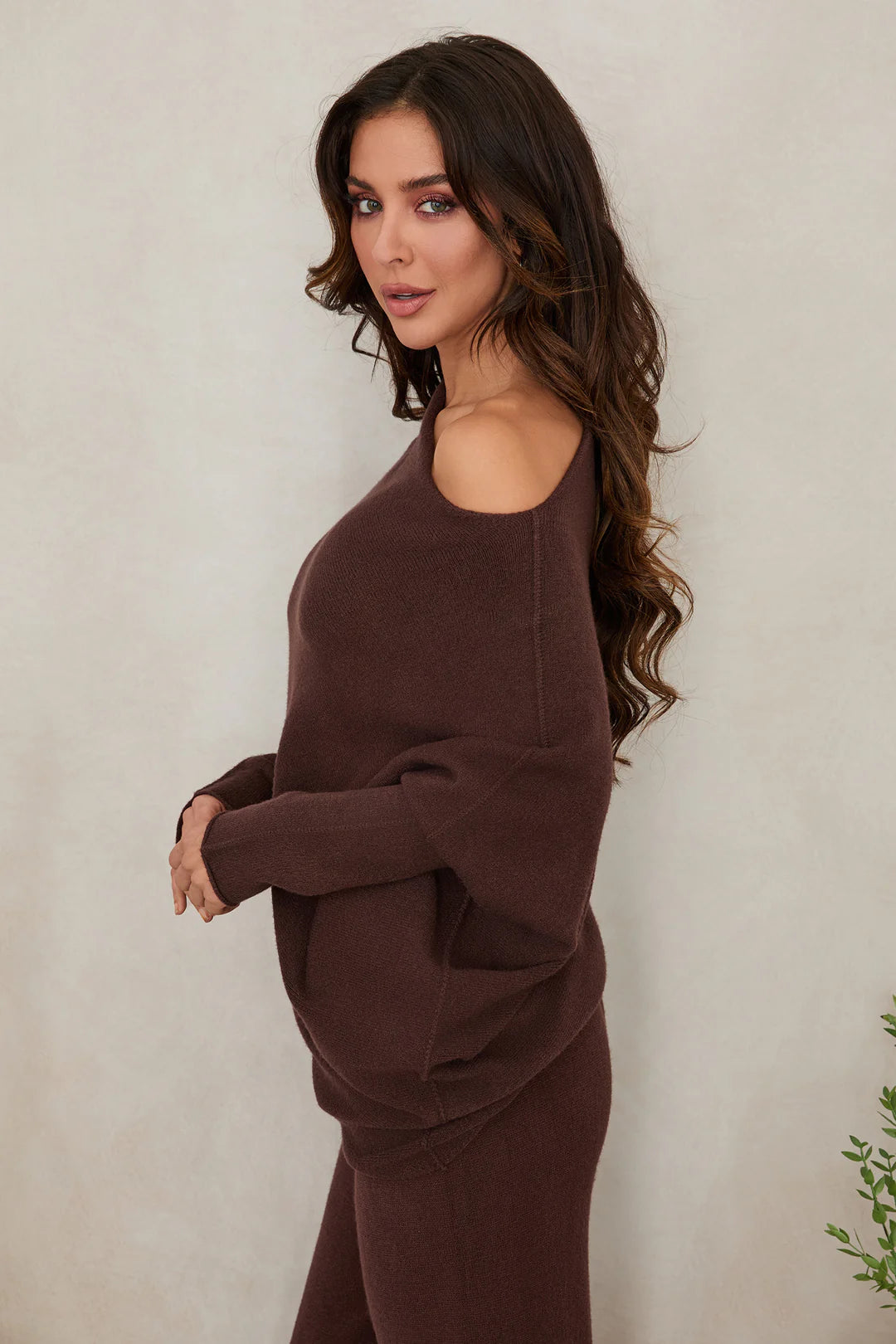 ASYMMETRICAL SWEATER IN CHOCOLATE BROWN BACK VIEW