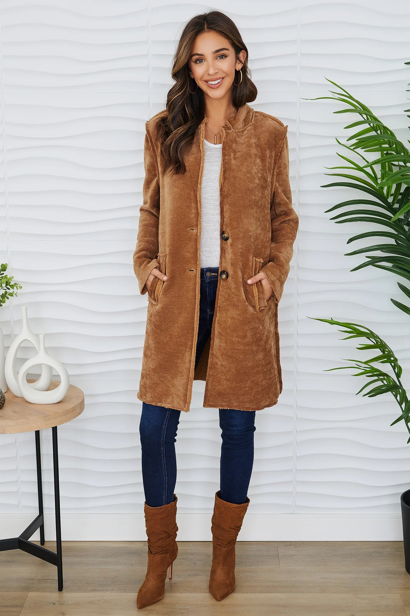 COZY CORDUROY MID JACKET IN CAMEL FRONT VIEW