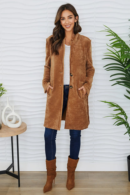 COZY CORDUROY MID JACKET IN CAMEL FRONT VIEW