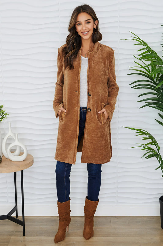 COZY CORDUROY MID JACKET IN CAMEL FRONT VIEW