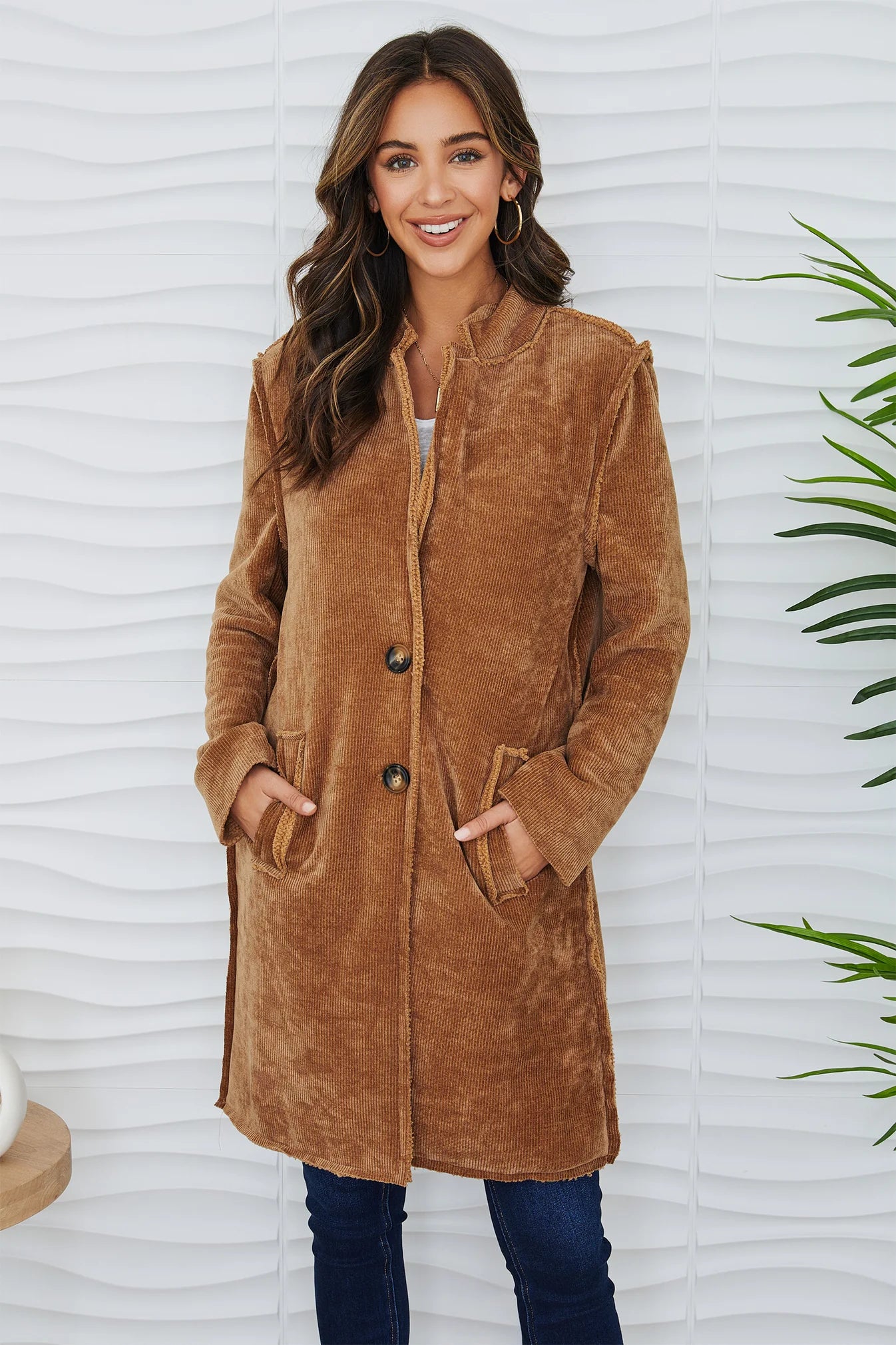 COZY CORDUROY MID JACKET IN CAMEL FRONT VIEW