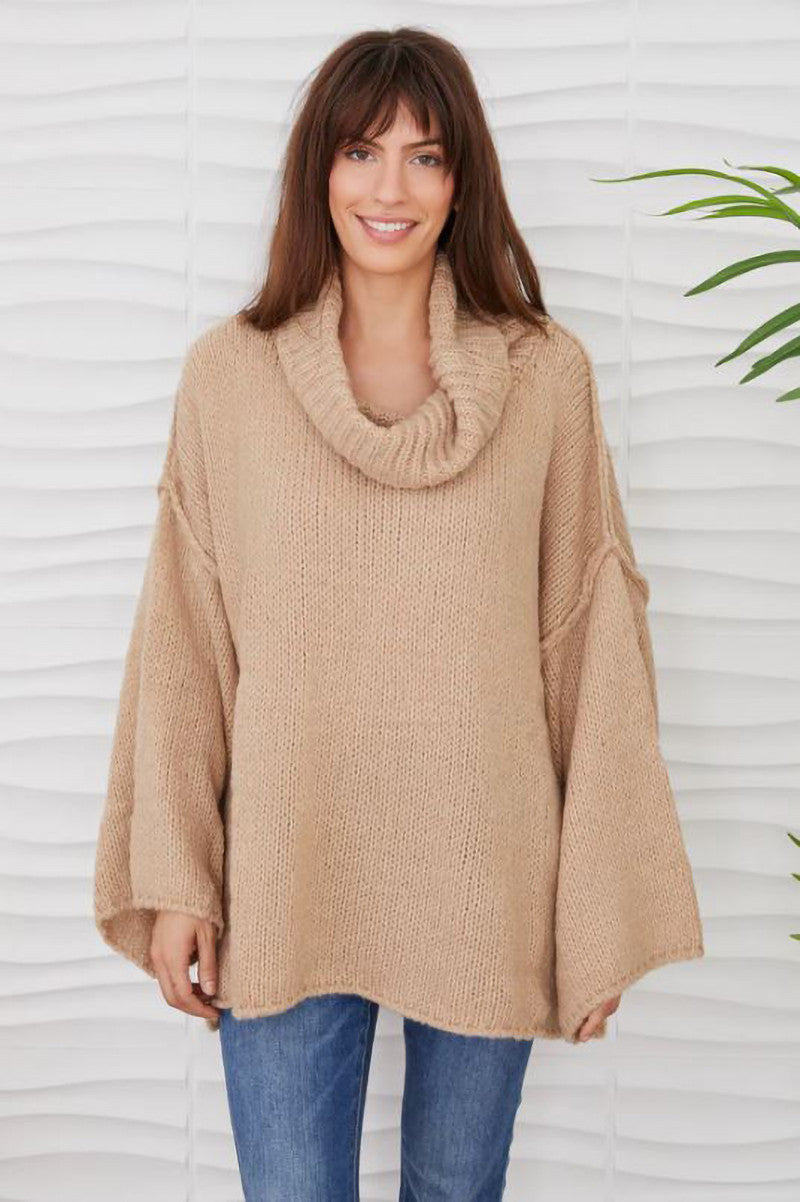 Oversized Turtleneck sweater with bell sleeves in latte front view