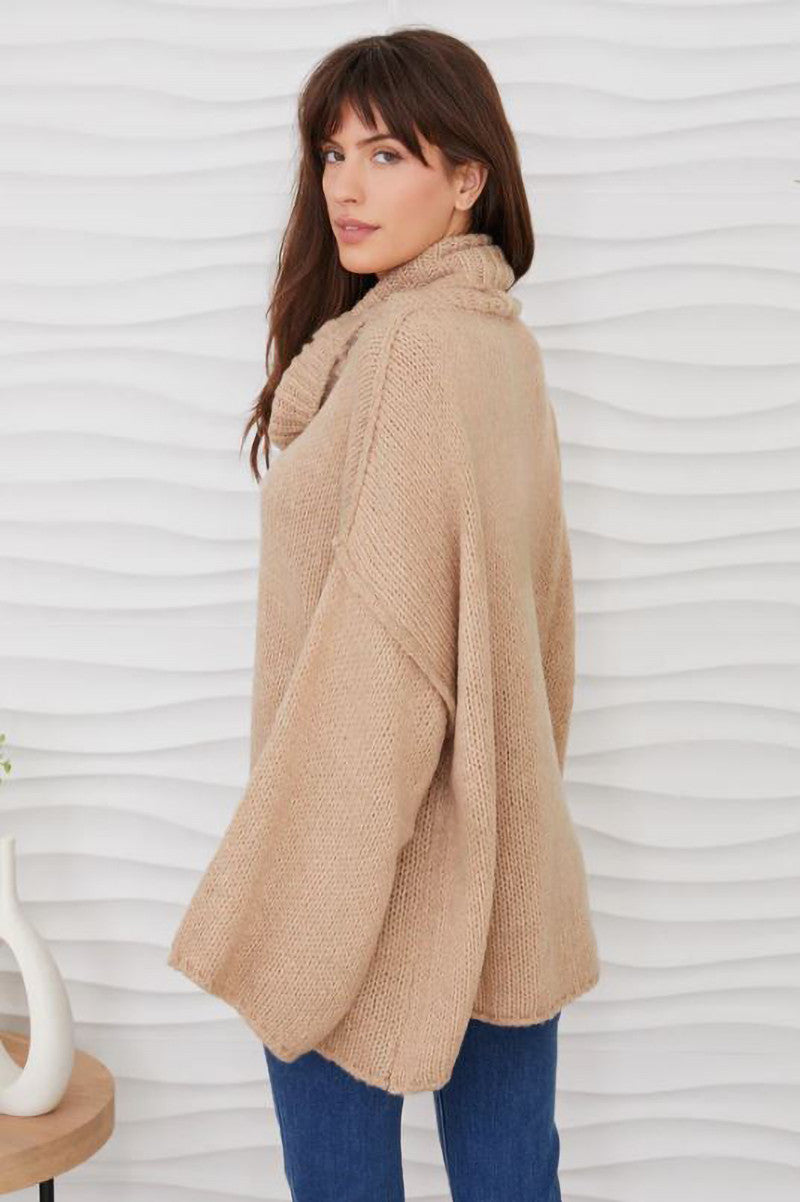 Oversized Turtleneck sweater with bell sleeves in latte back view