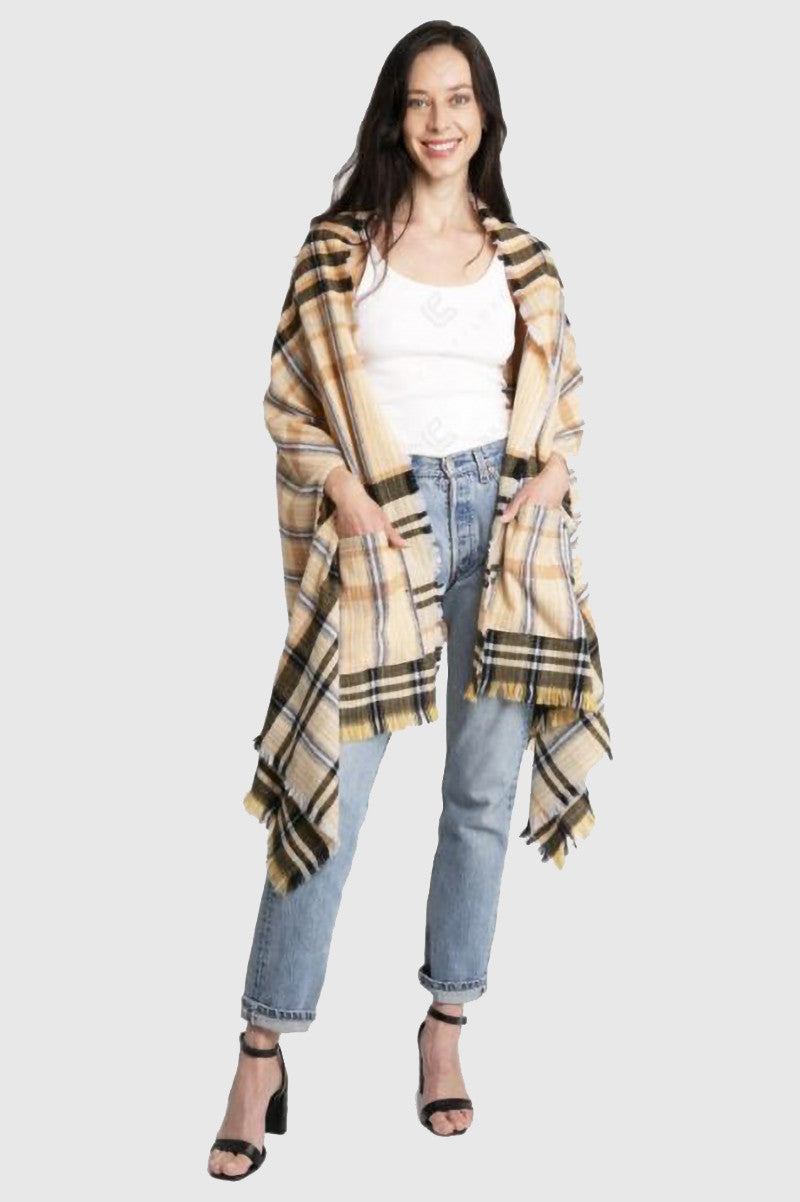 Plaid Ruana with fringe and front pockets in beige brown