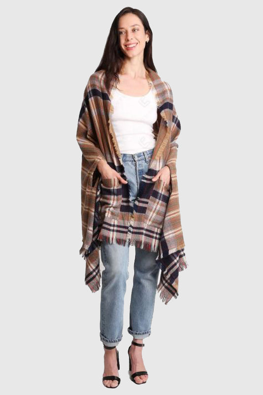 Plaid Ruana with fringe and front pockets in navy brown