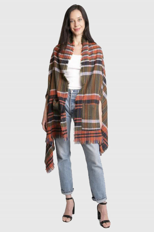 Plaid Ruana with fringe and front pockets in olive rust