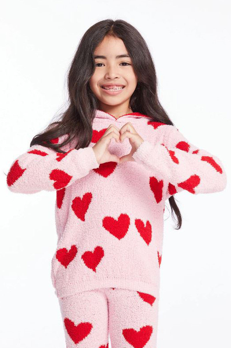 Fuzzy fleece heart pullover in sugar heart front view