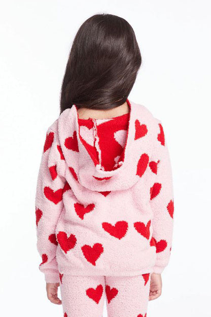 Fuzzy fleece heart pullover in sugar heart back  view