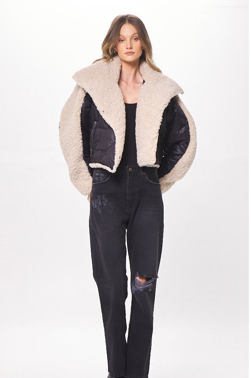 Puffer shearling jacket in black cream 