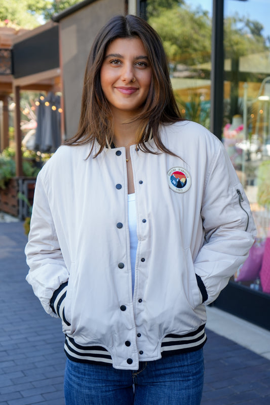 SATIN BOMBER w/PATCH IN SHORT BREAD FRONT VIEW