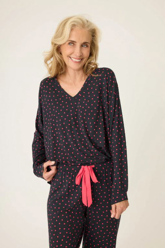 Sweet dreams long sleeve top in black with red hearts front view