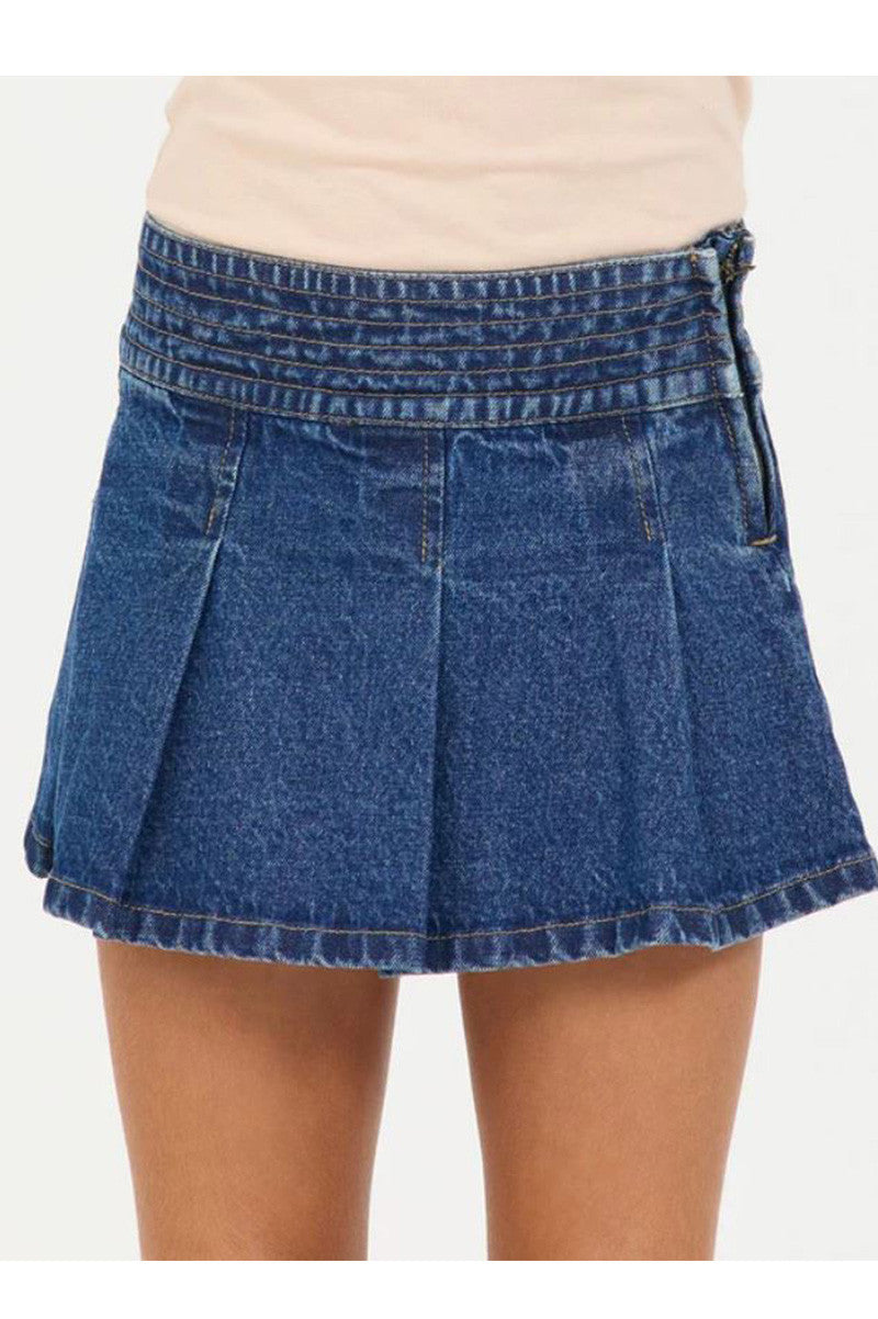 Pleated denim skort in dark wash front view