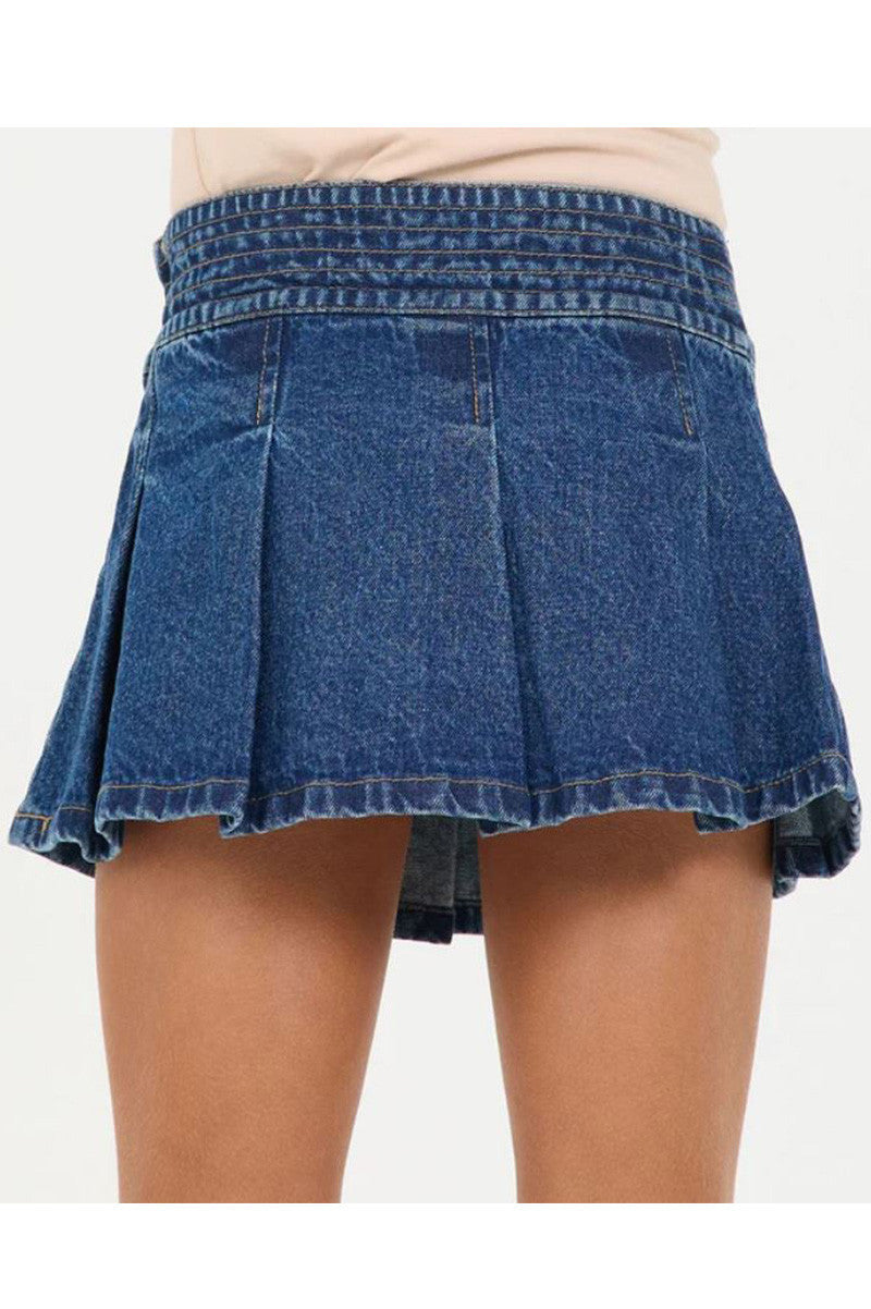 Pleated denim skort in dark wash back view