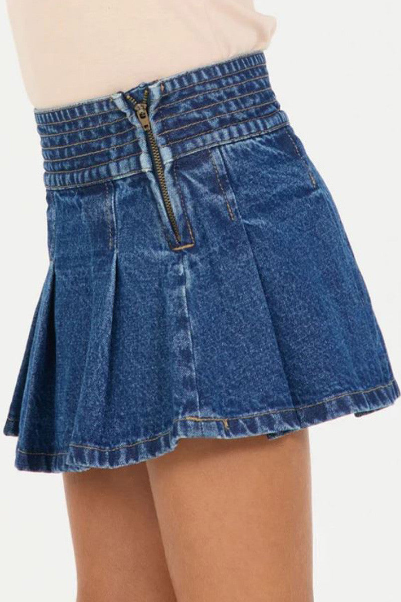 Pleated denim skort in dark wash side view
