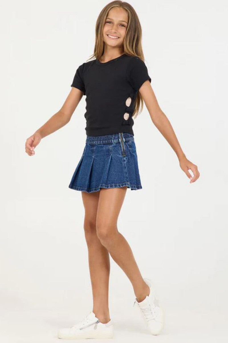 Pleated denim skort in dark wash style view