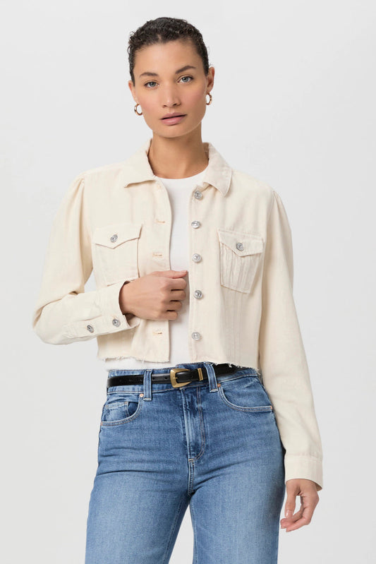 Cropped pacey denim jacket in quartz sand front view