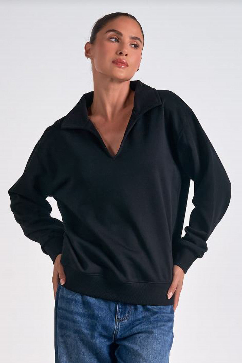 Long sleeve collared vneck top in black
