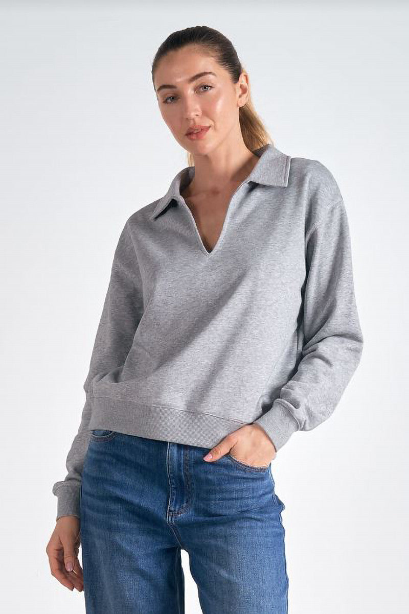 Long sleeve collared vneck top in heather grey