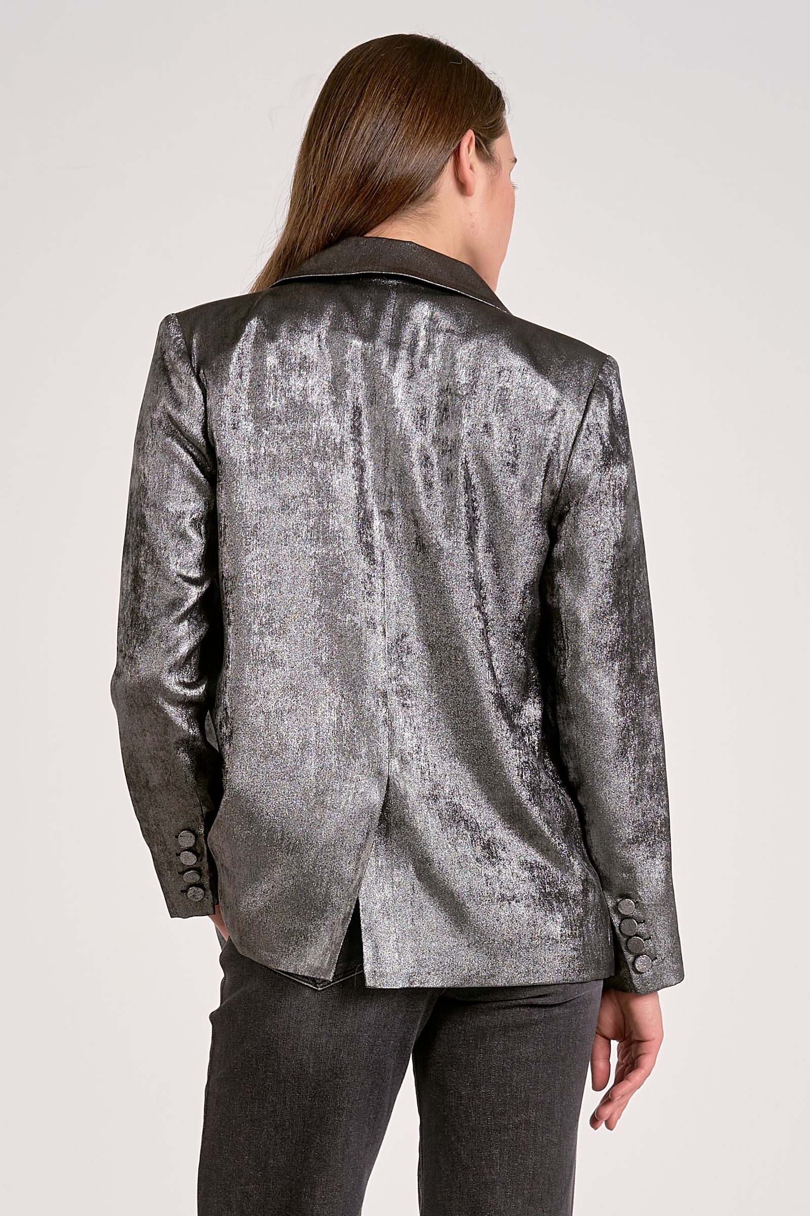 WIDE LAPEL BLAZER IN SILVER BACK VIEW