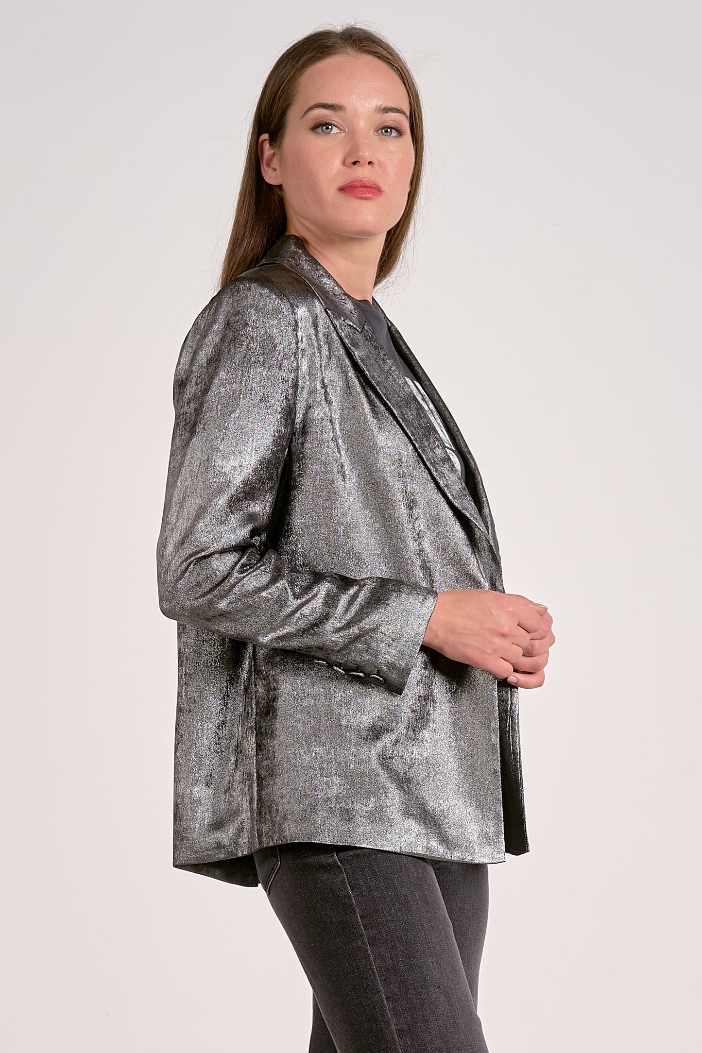 WIDE LAPEL BLAZER IN SILVER SIDE VIEW