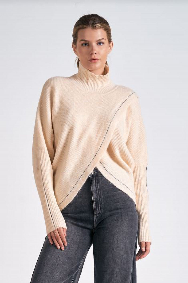 Turtleneck cross front sweater in off white
