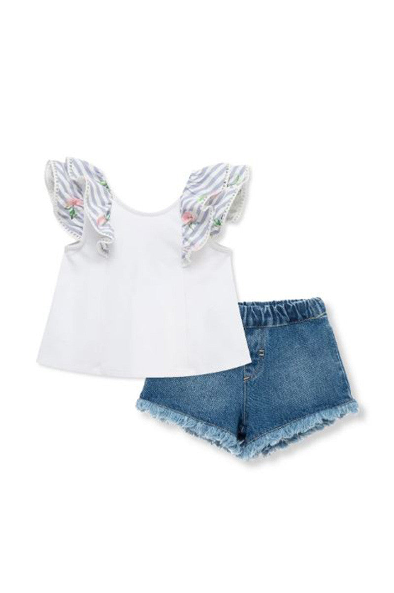 Bow ruffle short set in white and denim front view
