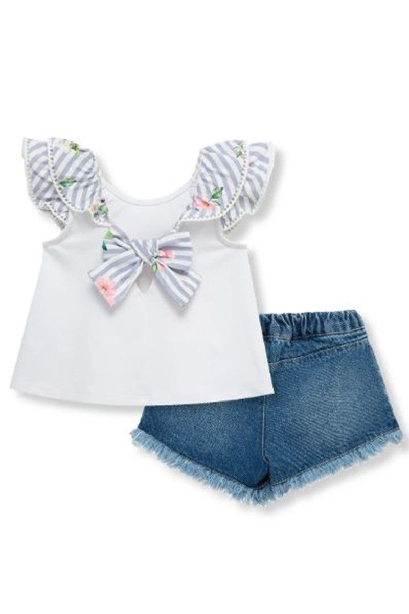 Bow ruffle short set in white and denim back view